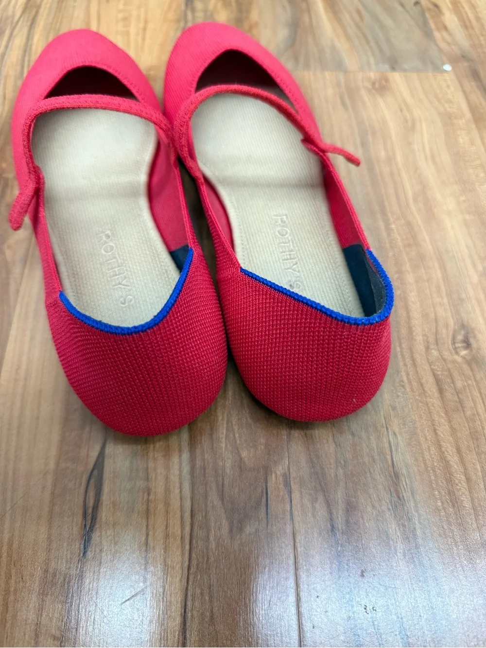 Rothy's The Square Red Mary Jane Flats with Blue Trim - Picture 6 of 9